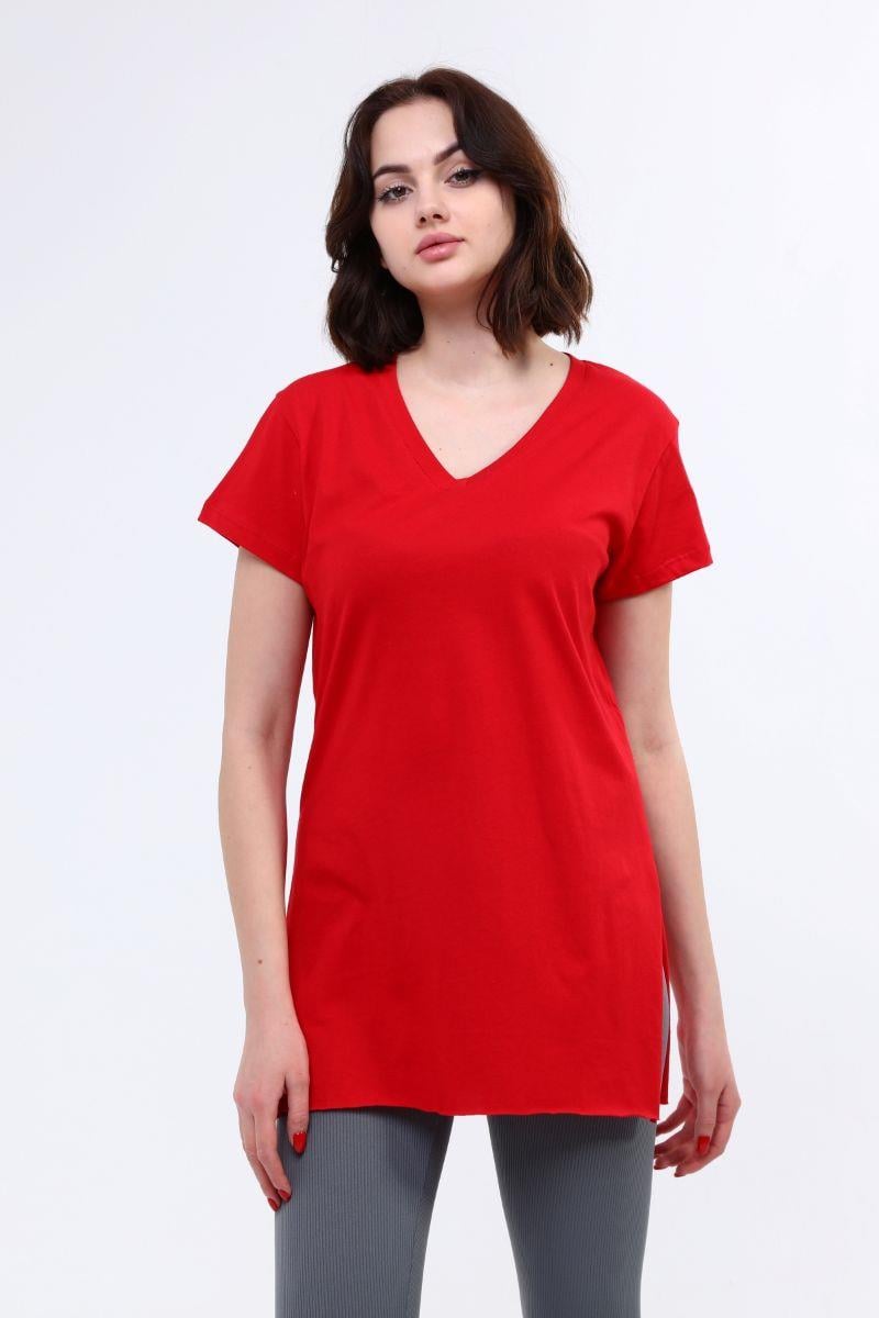 Kadın V Yaka Yırtmaçlı T-Shirt Kırmızı