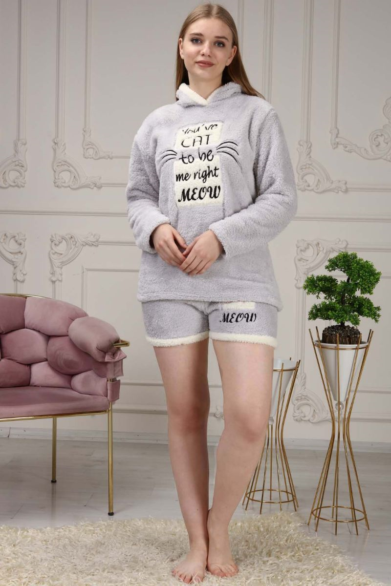 Kadın Yazı Nakışlı Soft Polar Şortlu Pijama Takımı Gri