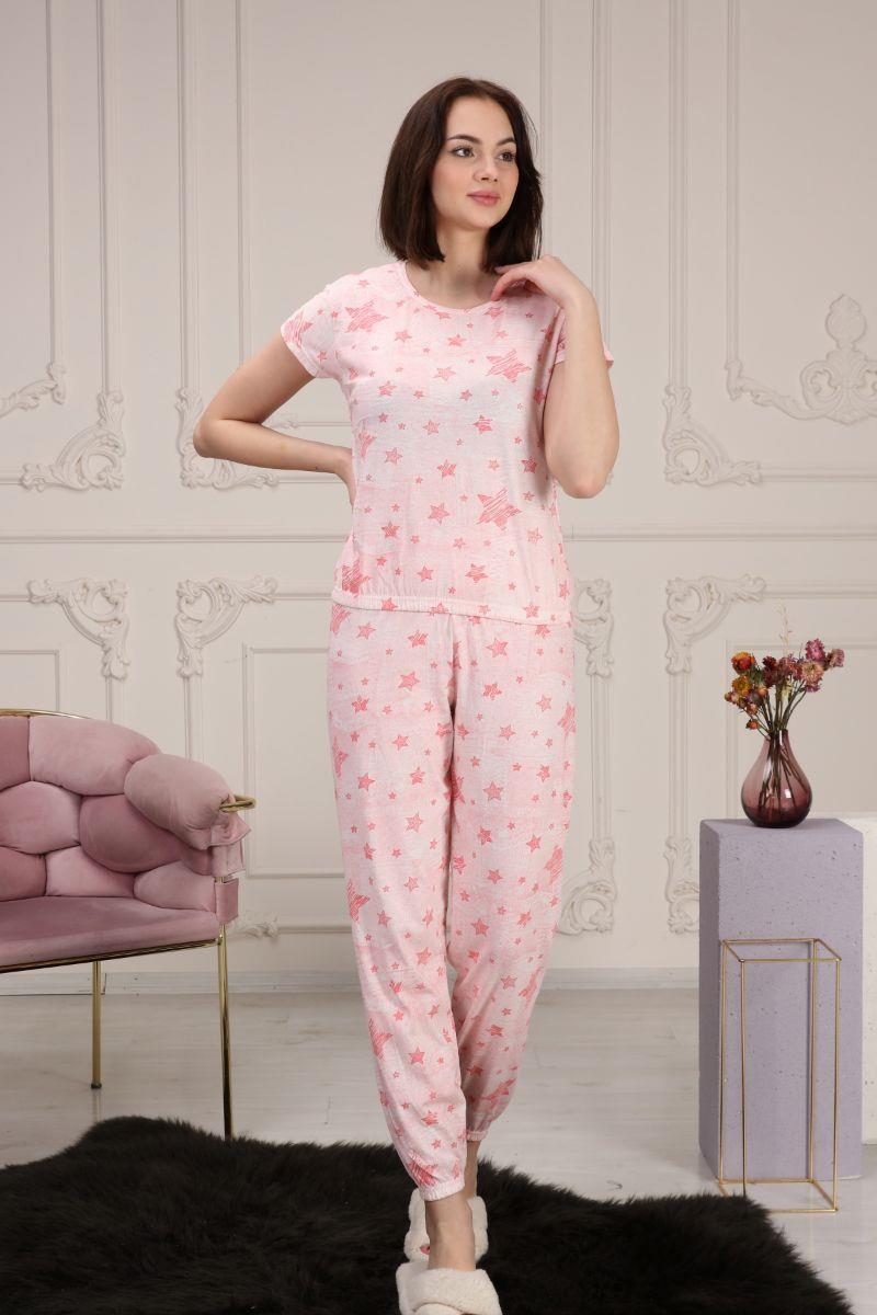 Kadın Yıldız Baskılı Beli Lastikli Pijama Takımı Pembe