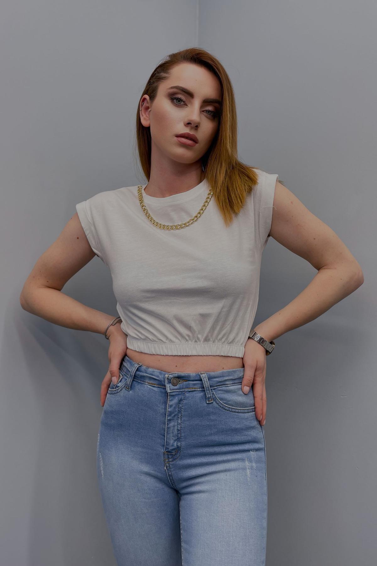 Kadın Zincirli Beli Lastikli Crop Bluz Beyaz