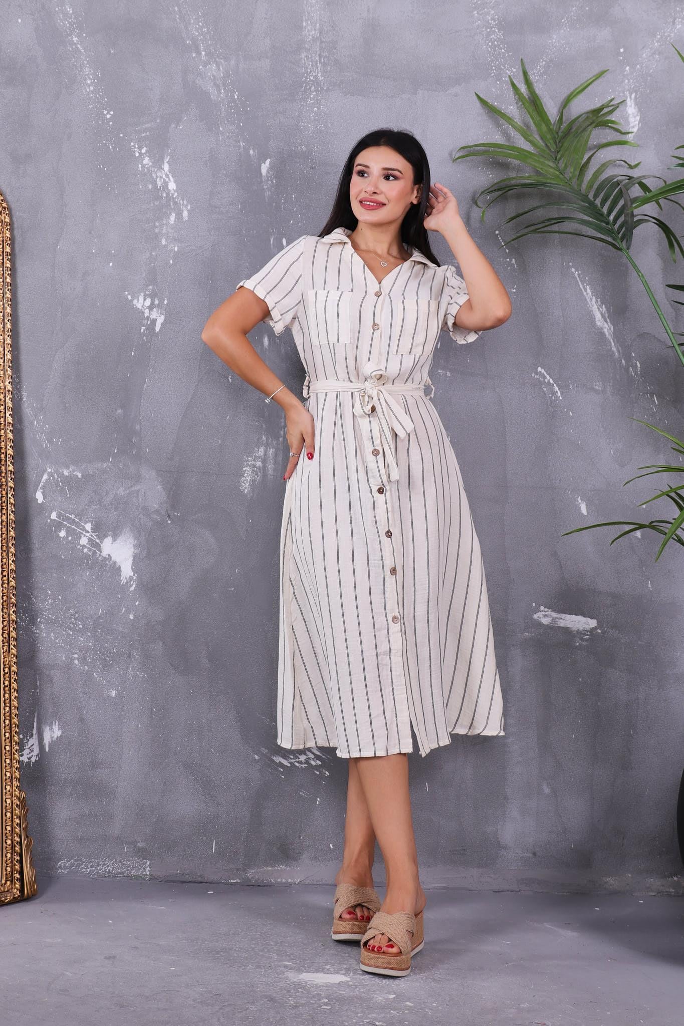 Müslin Kumaş Çizgili Gömlek Elbise