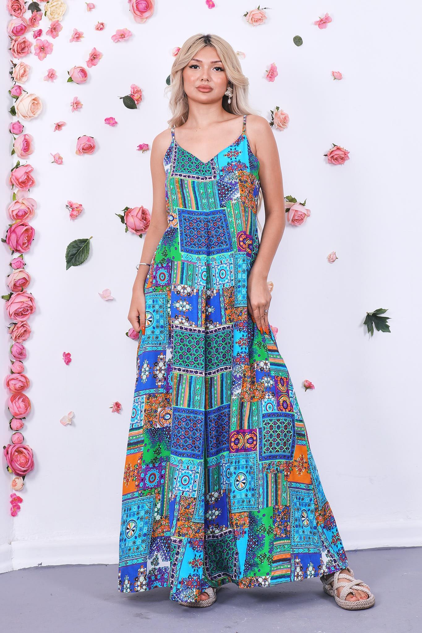 Patchwork Desen Askılı Elbise