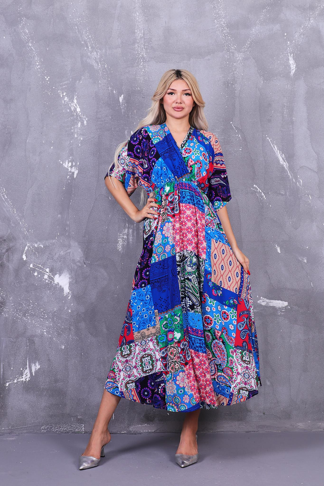 Patchwork Desen Beli Lastikli Elbise