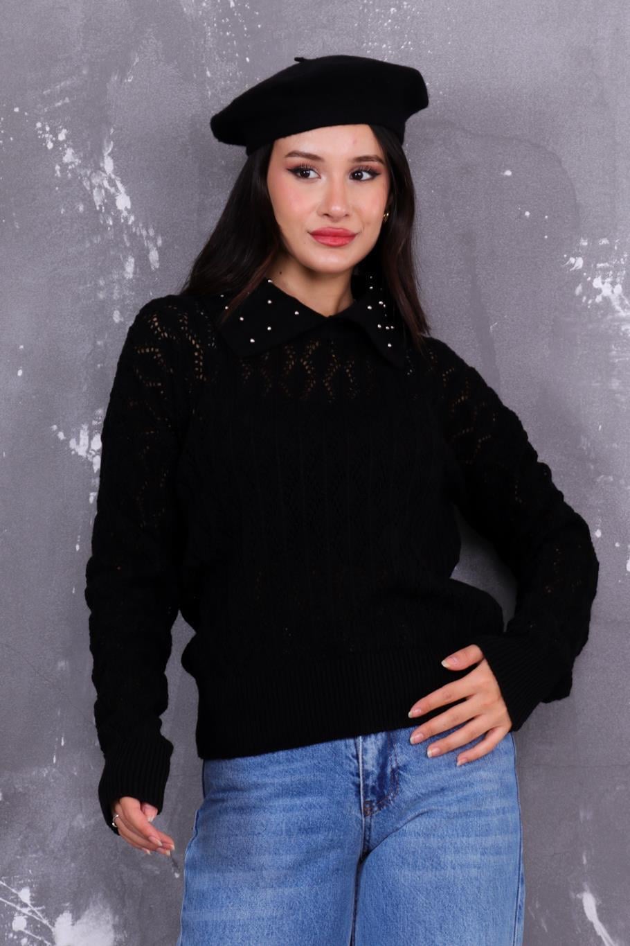 Polo Yaka İnci Detaylı Kazak