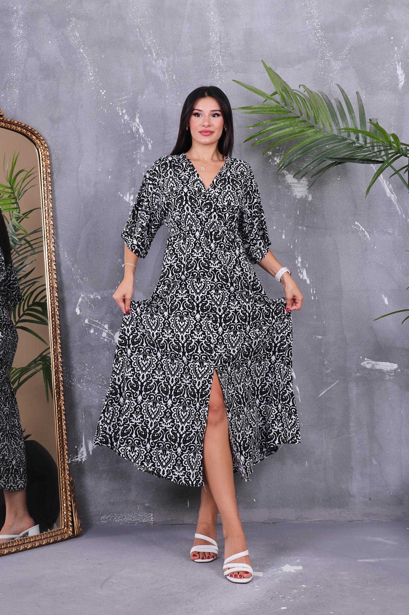Beli Lastikli Kilim Desen Elbise