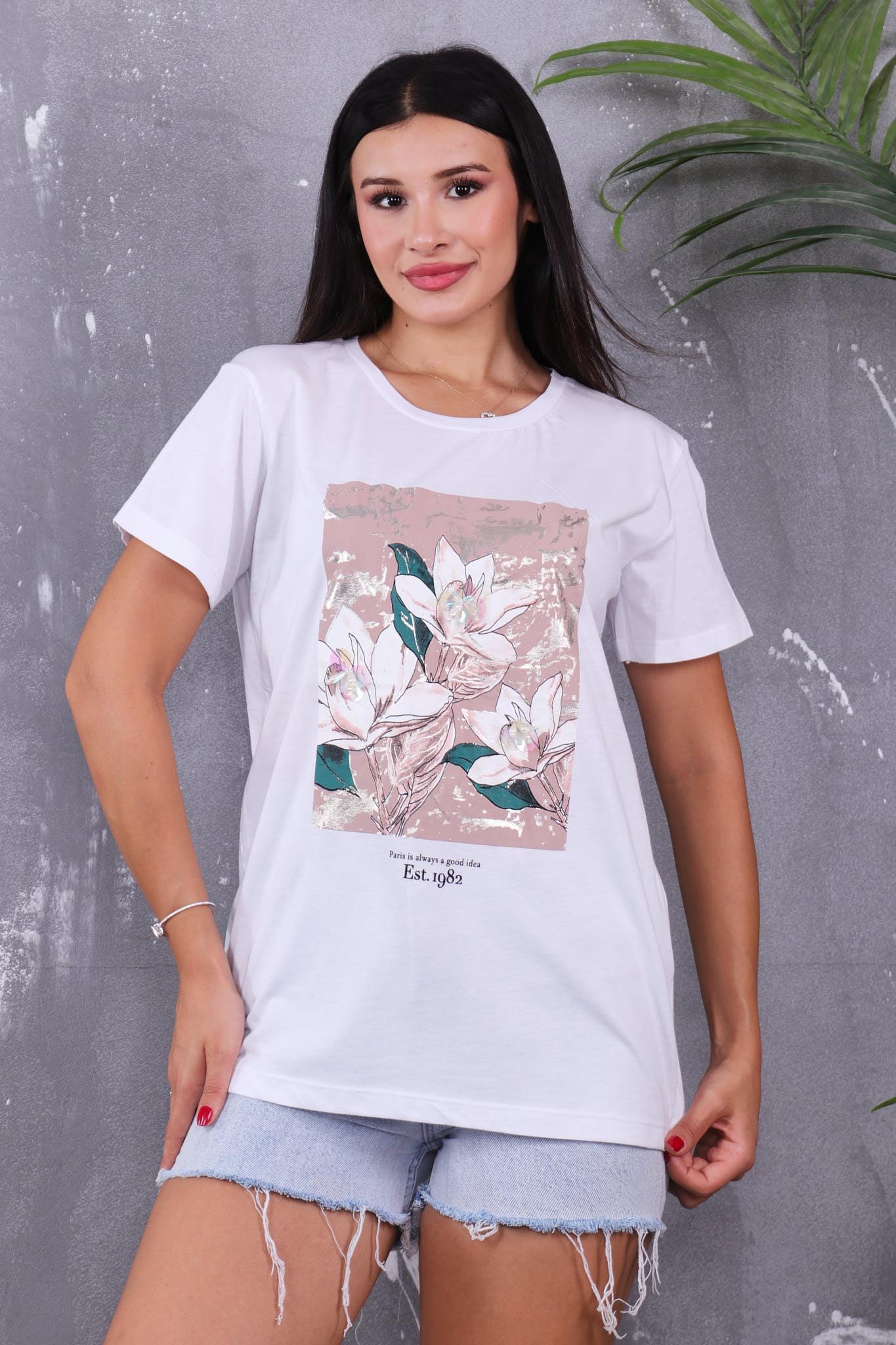 Çiçek Baskılı Boncuklu Tshirt