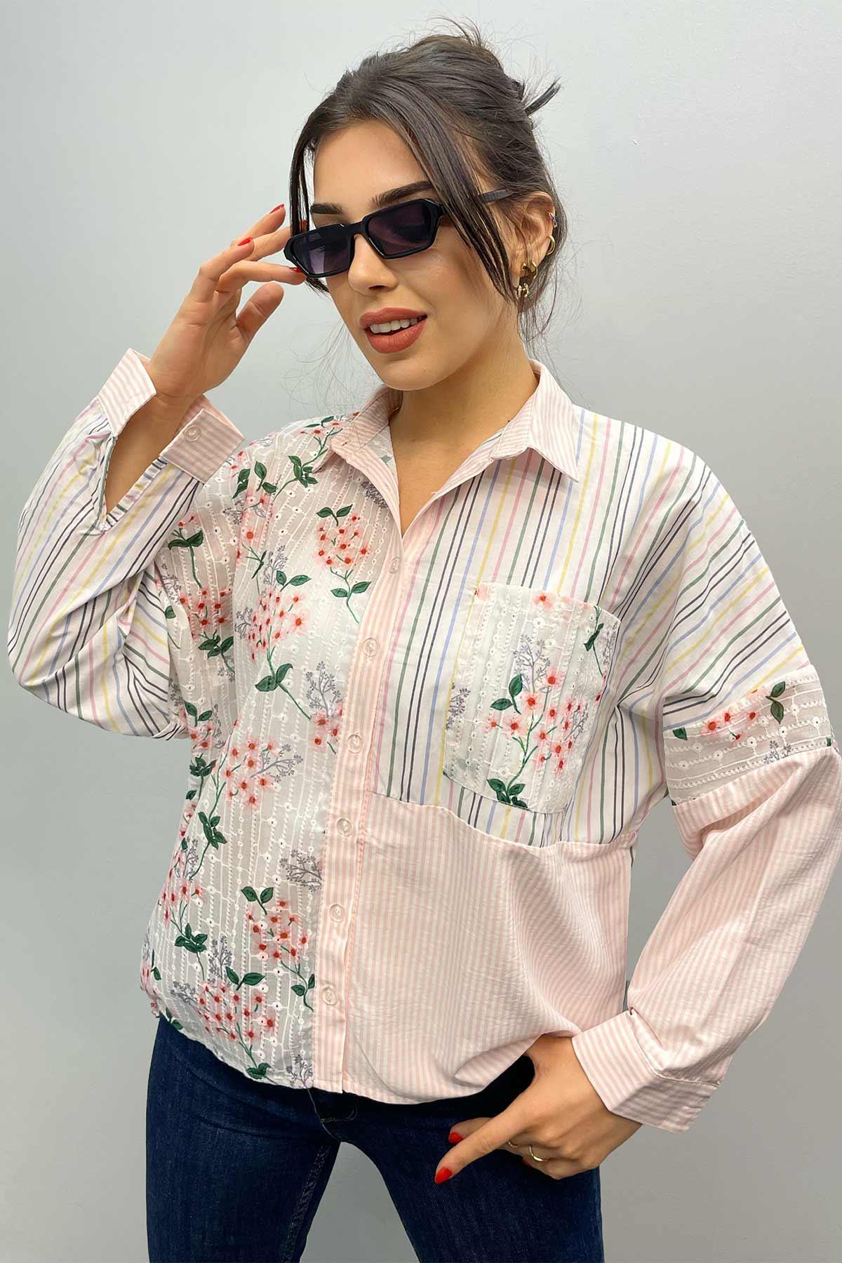 Çiçek Nakışlı Oversize Gömlek