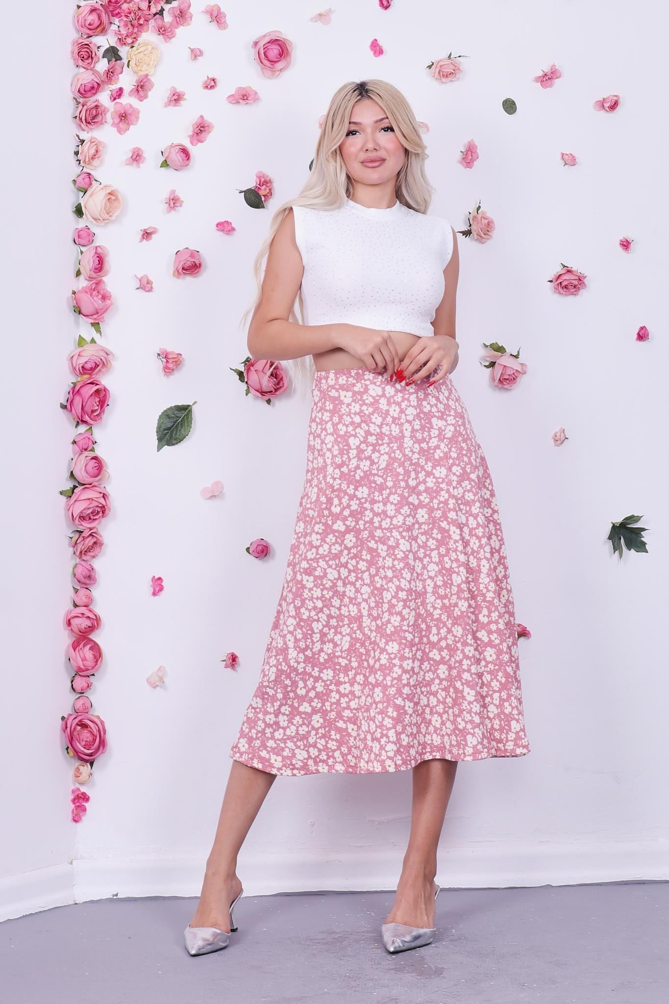 Çiçekli Yırtmaçlı Midiboy Etek