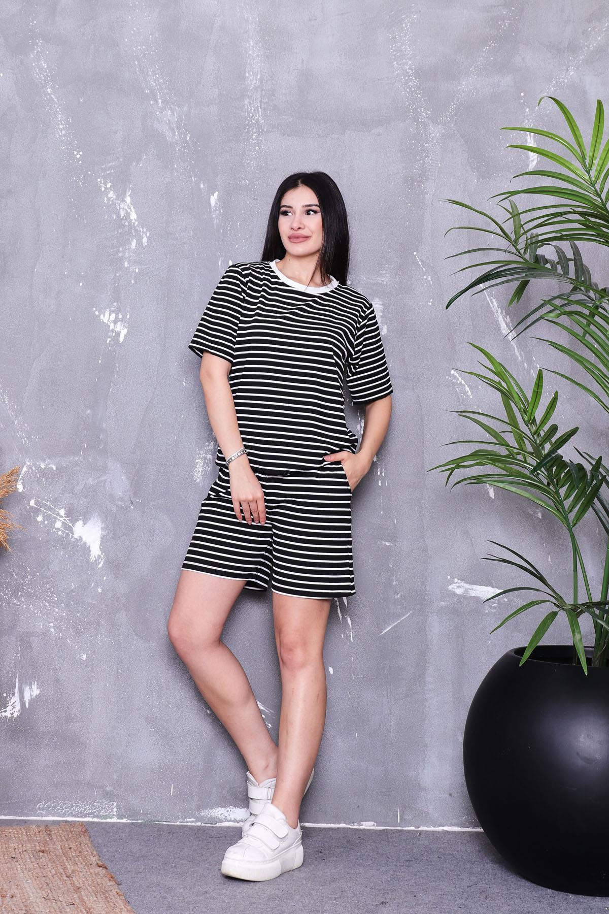 Çizgili Oversize Şort Takım