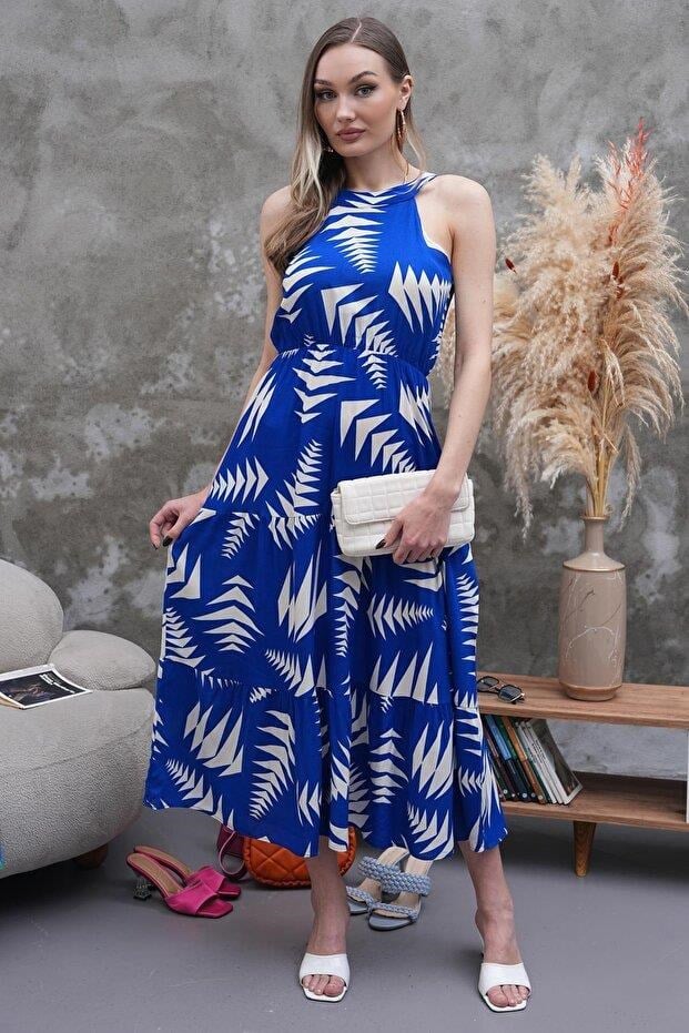 Halter Yaka Beli Lastikli Kloş Elbise