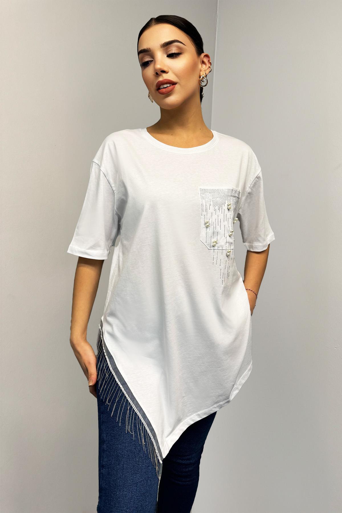 İnci ve Zincir Detaylı Asimetrik Kesim Tshirt
