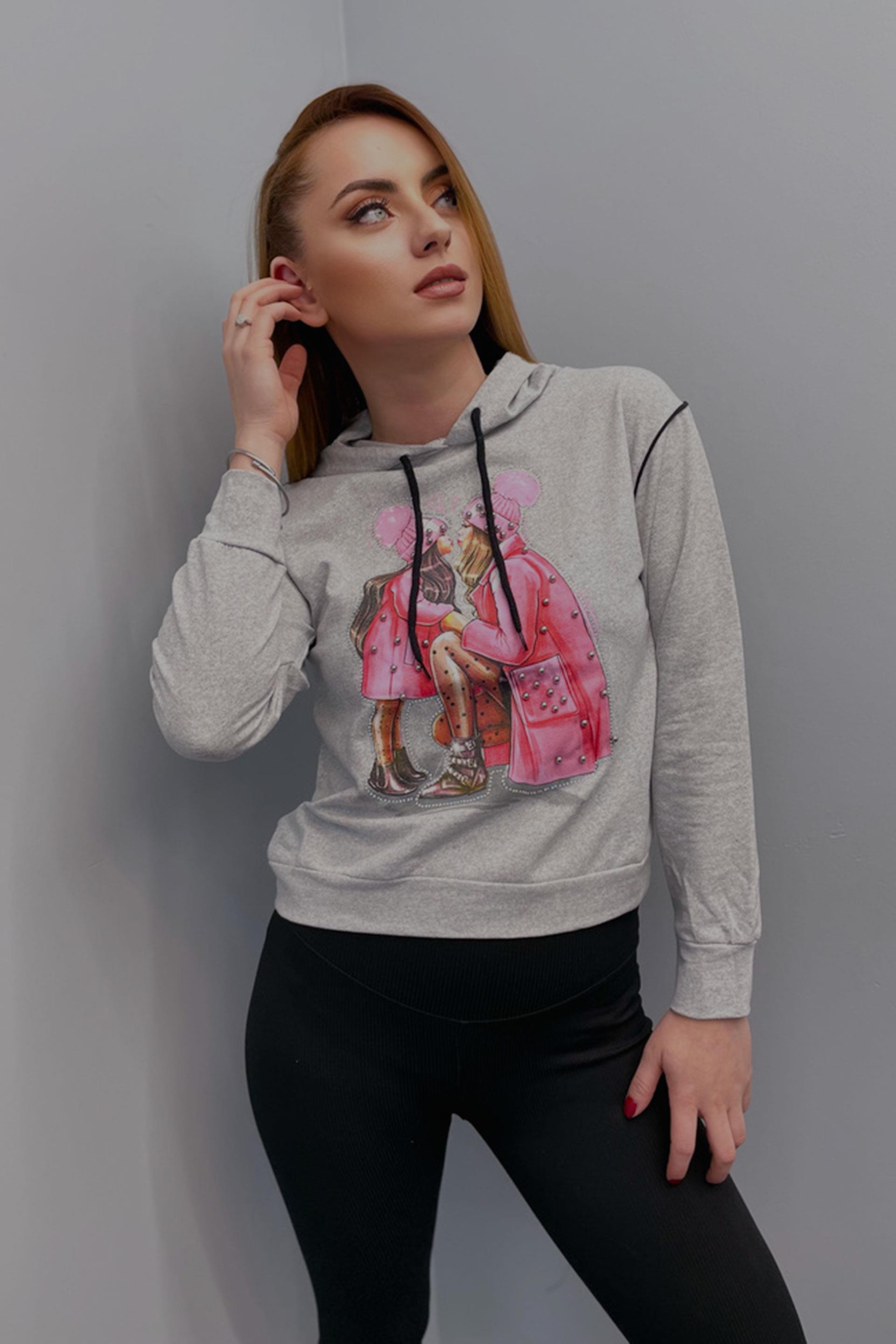 Kadın Anne-Kız Baskılı Incil Işlemeli Kapüşonlu Sweatshirt Gri