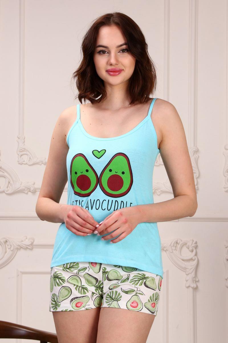 Kadın Avakado Baskılı Askılı Kısa Şortlu Pijama Takımı Mavi