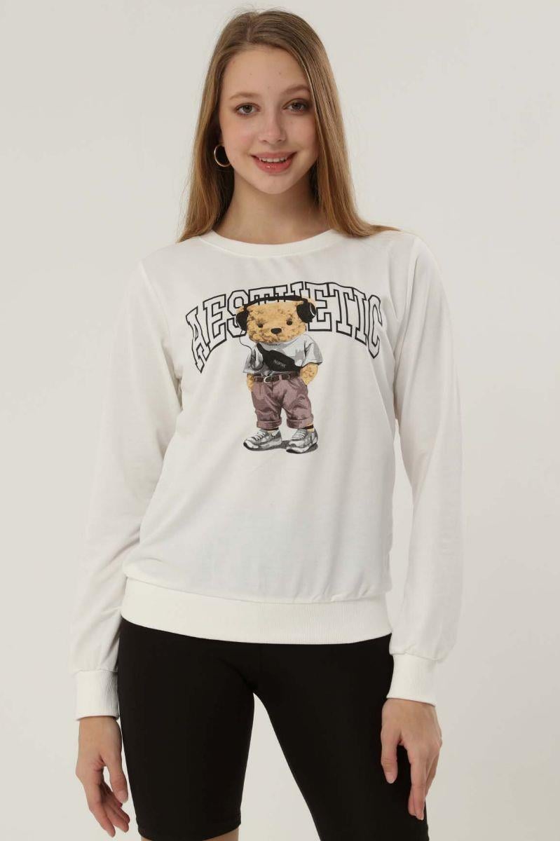 Kadın Ayıcık Baskılı Bisiklet Yaka Sweatshirt Ekru