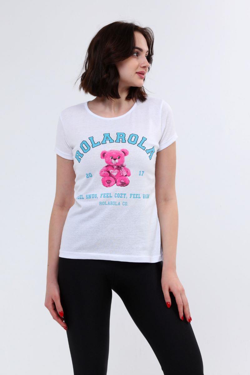 Kadın Ayıcık Baskılı T-Shirt Beyaz