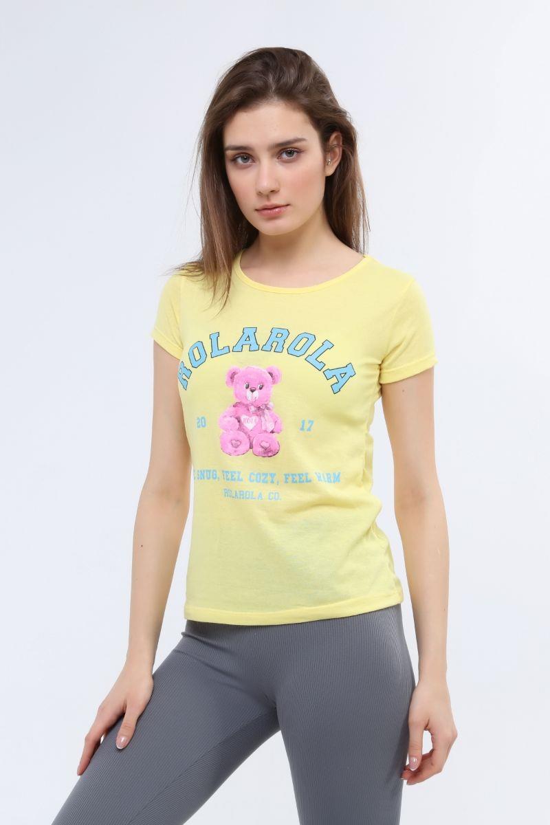 Kadın Ayıcık Baskılı T-Shirt Sarı
