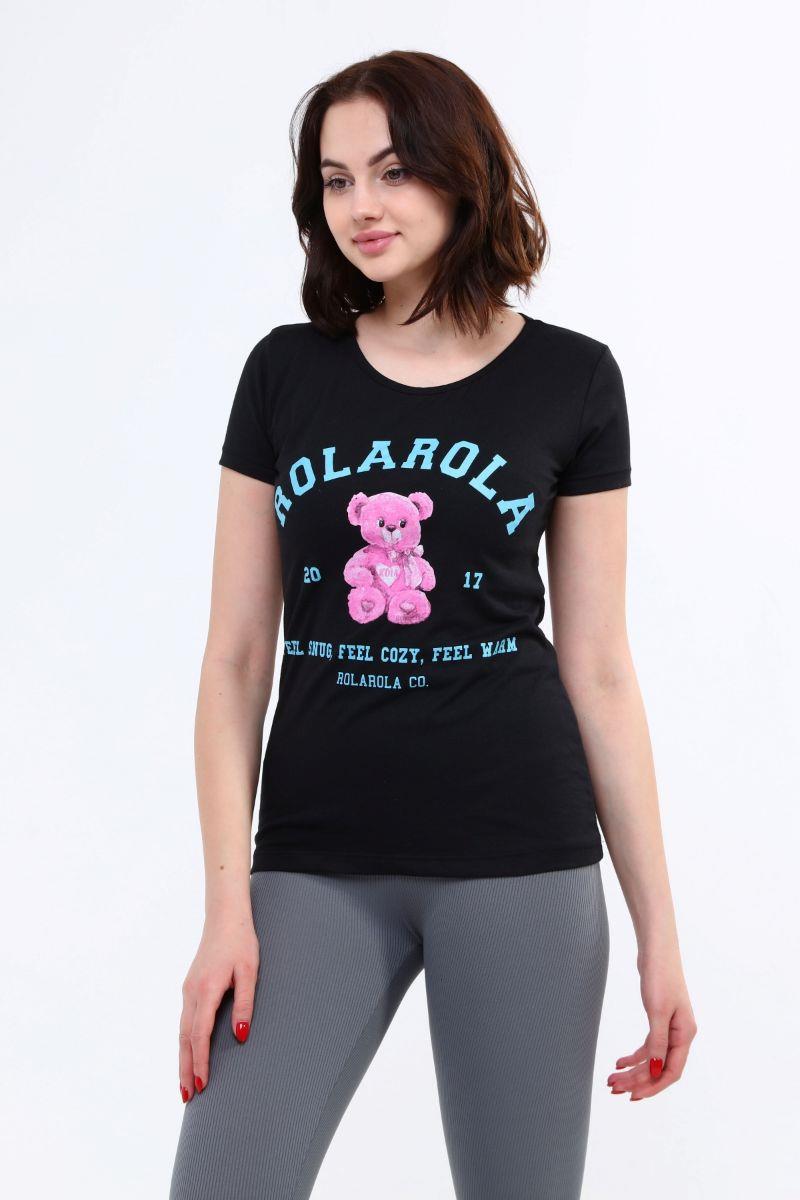 Kadın Ayıcık Baskılı T-Shirt Siyah