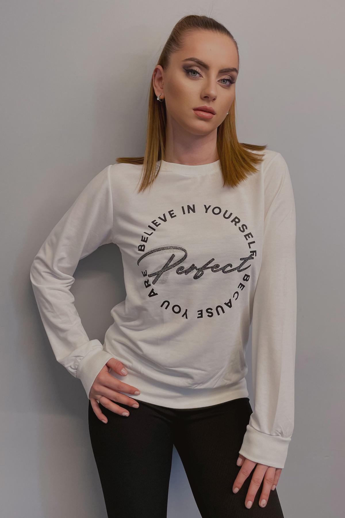 Kadın Baskılı Bisiklet Yaka Sweatshirt Ekru