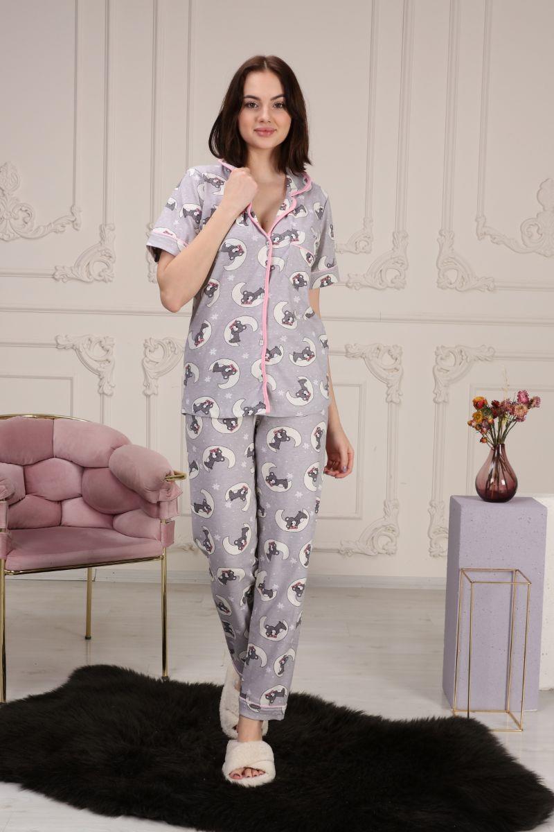Kadın Baskılı Cepli Maskülen Yaka Pijama Takımı Gri