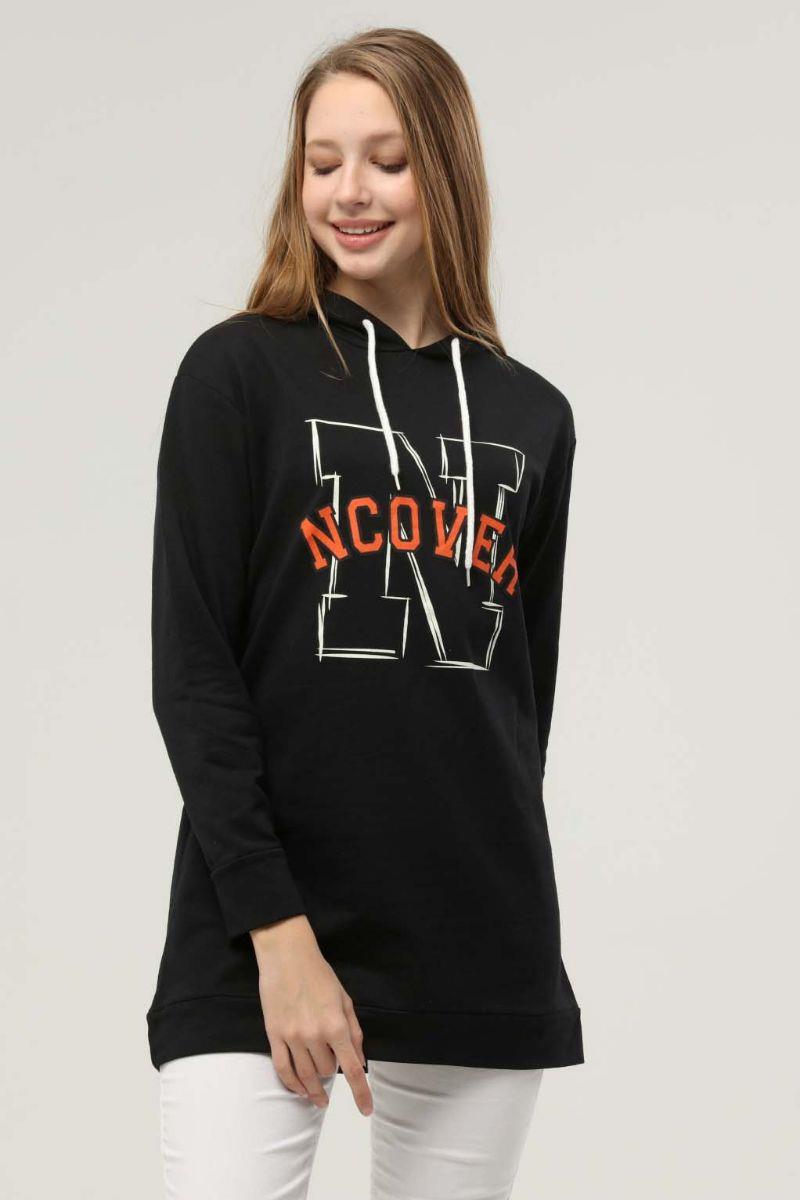Kadın Baskılı Kapüşonlu Sweatshirt Siyah