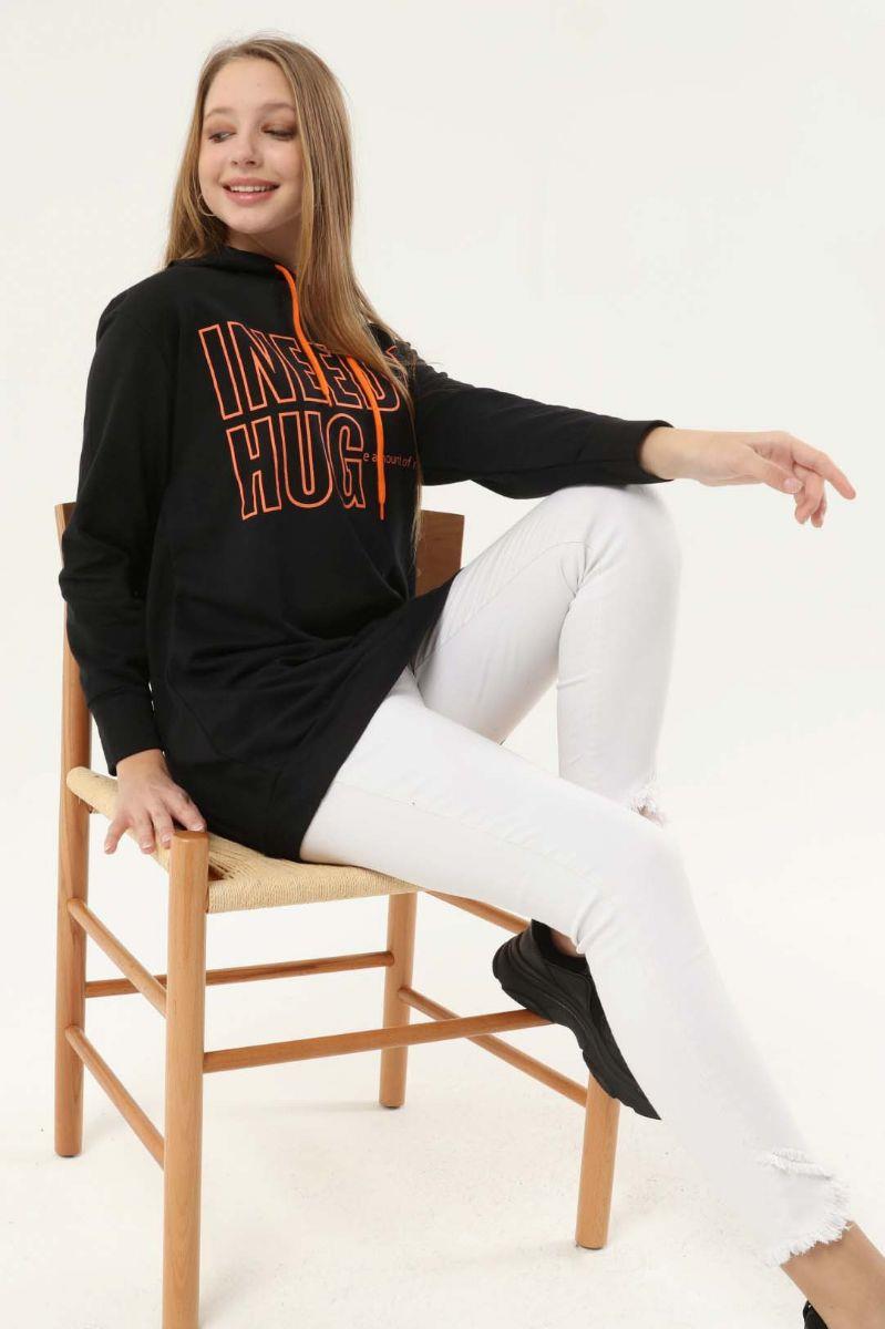Kadın Baskılı Kapüşonlu Sweatshirt Siyah
