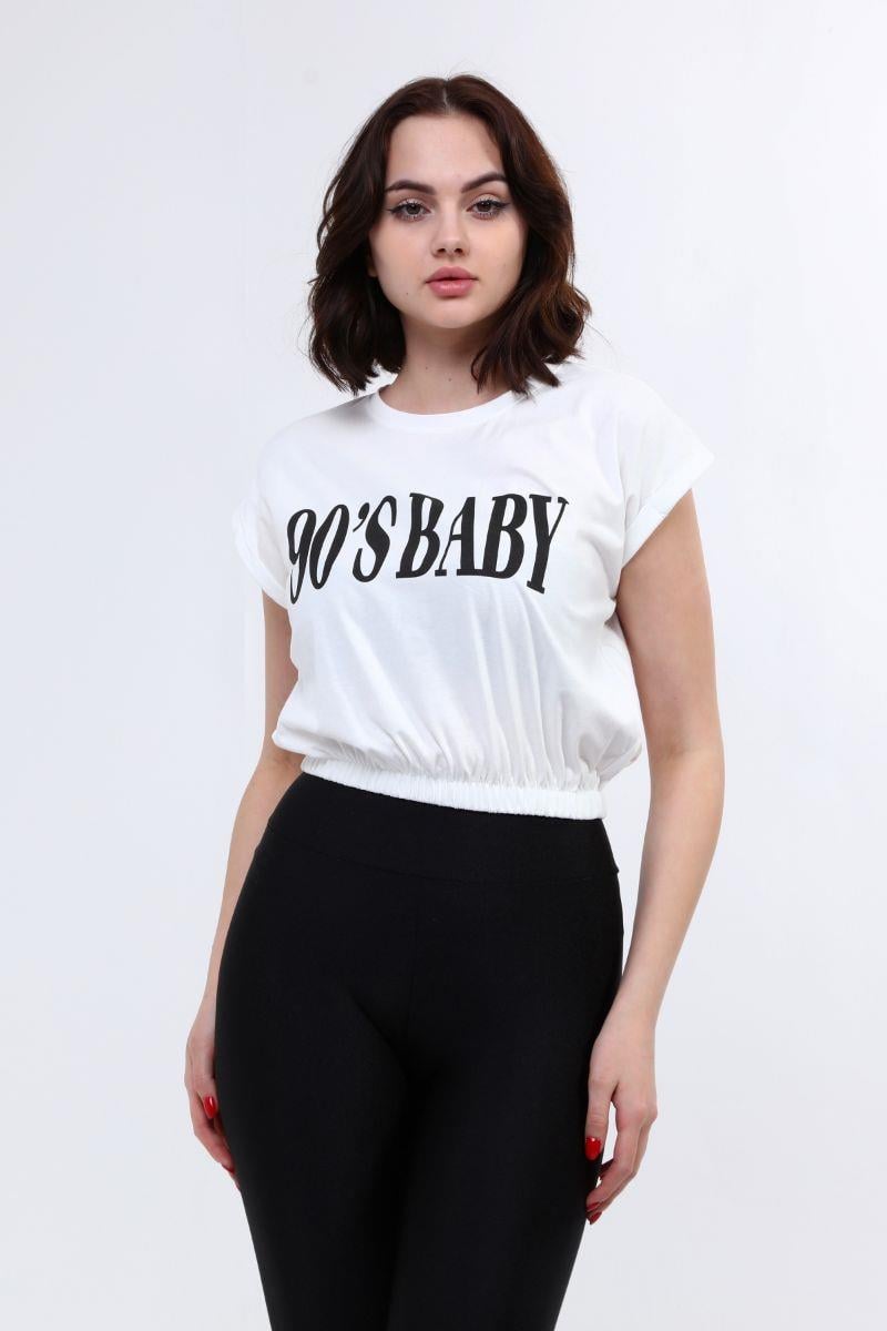Kadın Beli Lastikli Crop T-Shirt Beyaz