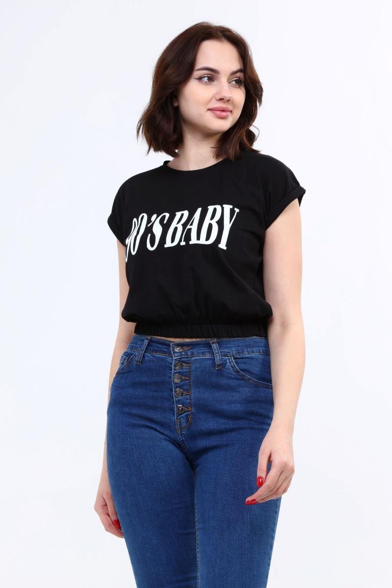 Kadın Beli Lastikli Crop T-Shirt Siyah