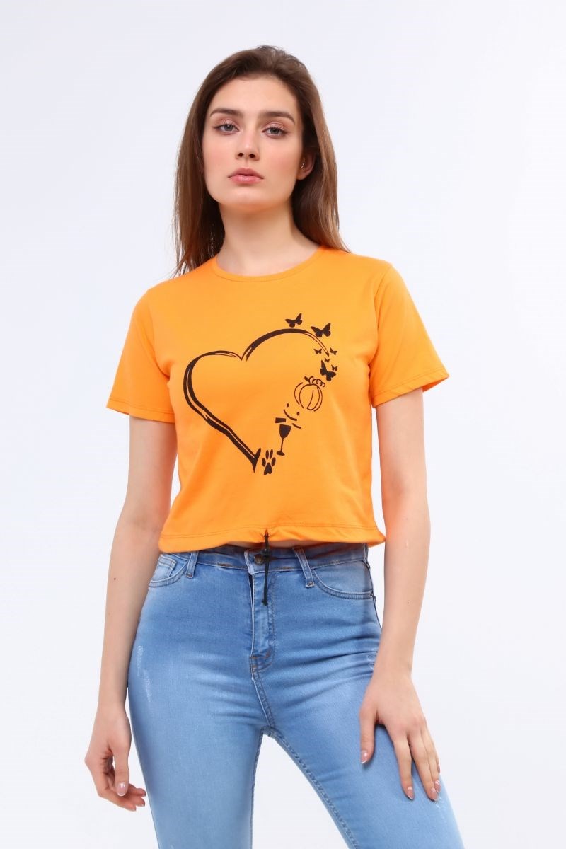 Kadın Bisiklet Yaka Ayarlanabilir Ipli Crop T-Shirt Turuncu