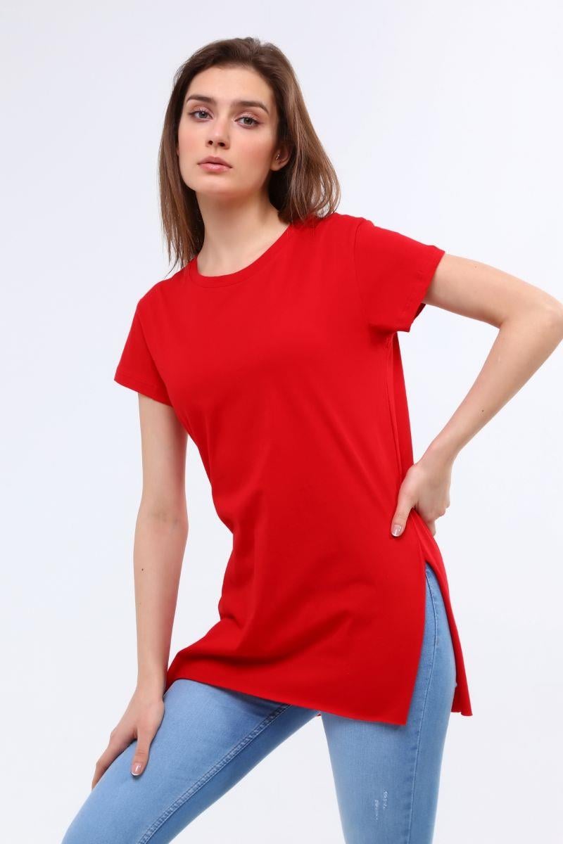 Kadın Bisiklet Yaka Yırtmaçlı T-Shirt Kırmızı