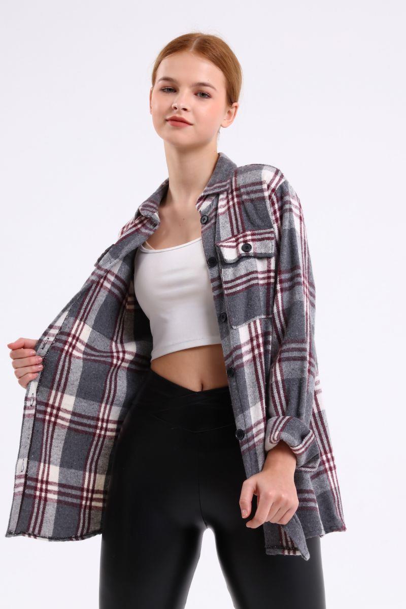 Kadın Cepli Oduncu Gömlek Gri