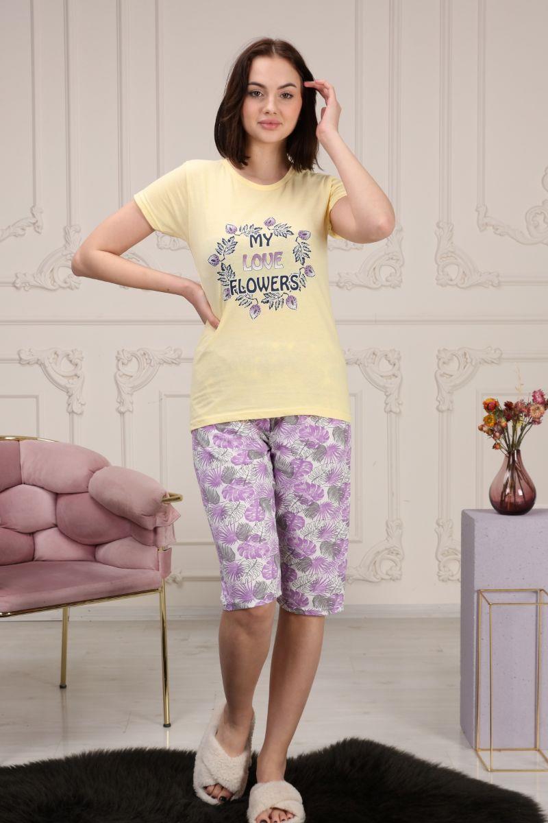 Kadın Çiçek Baskılı Kapri Şortlu Pijama Takımı Sarı