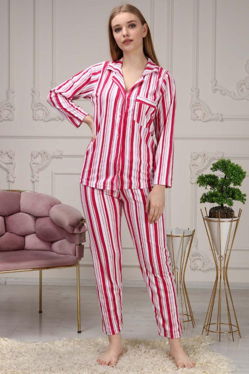 Kadın Çizgili Maskülen Yaka Pijama Takımı Fuşya