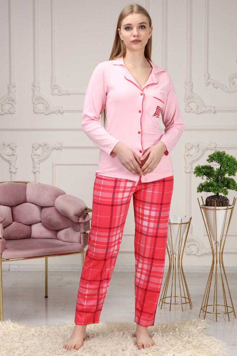 Kadın Düğmeli Cepli Maskülen Yaka Pijama Takımı Pembe