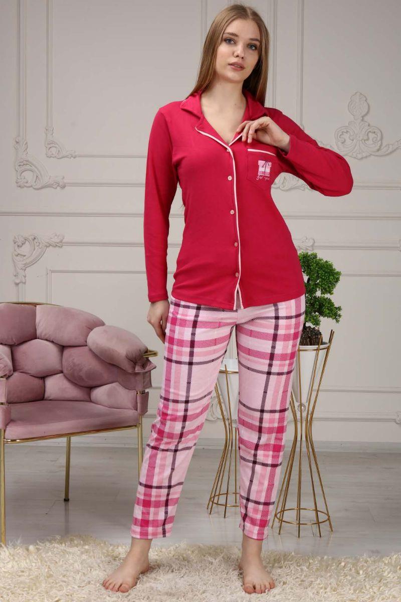 Kadın Düğmeli Cepli Maskülen Yaka Pijama Takımı Fuşya