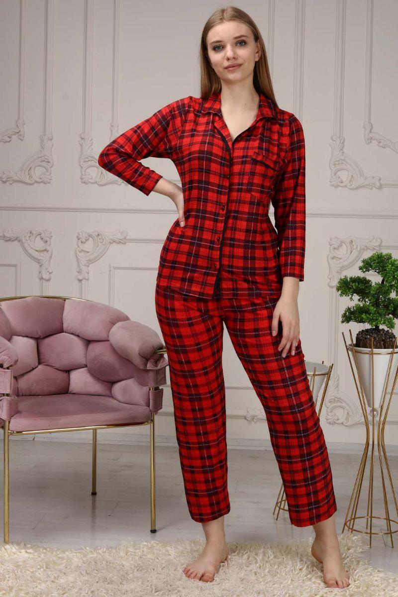 Kadın Düğmeli Cepli Pötikare Desenli Maskülen Yaka Pijama Takımı Kırmızı