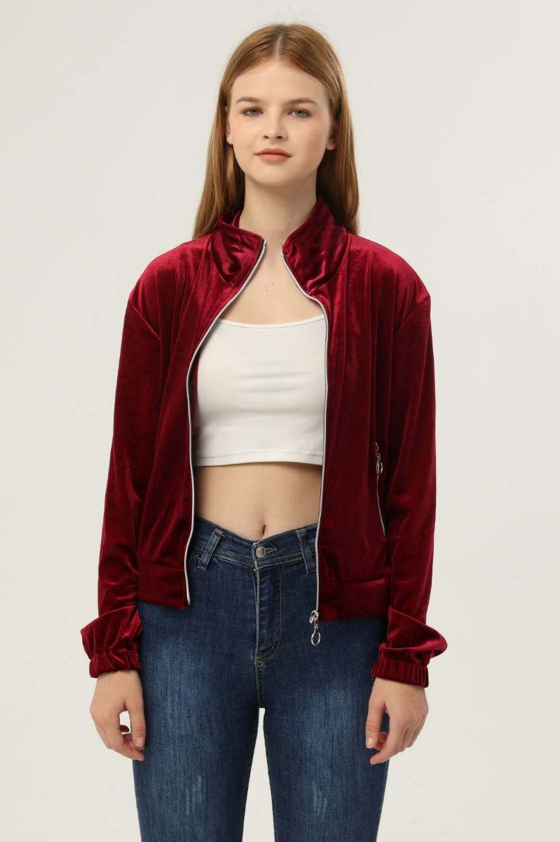 Kadın Fermuarlı Cepli Kadife Sweat Bordo
