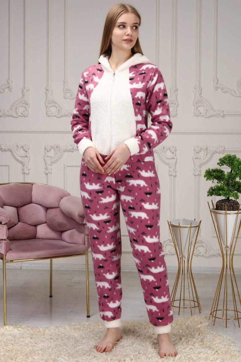 Kadın Fermuarlı Kapüşonlu Polar Tulum Pijama Takımı Gül Kurusu