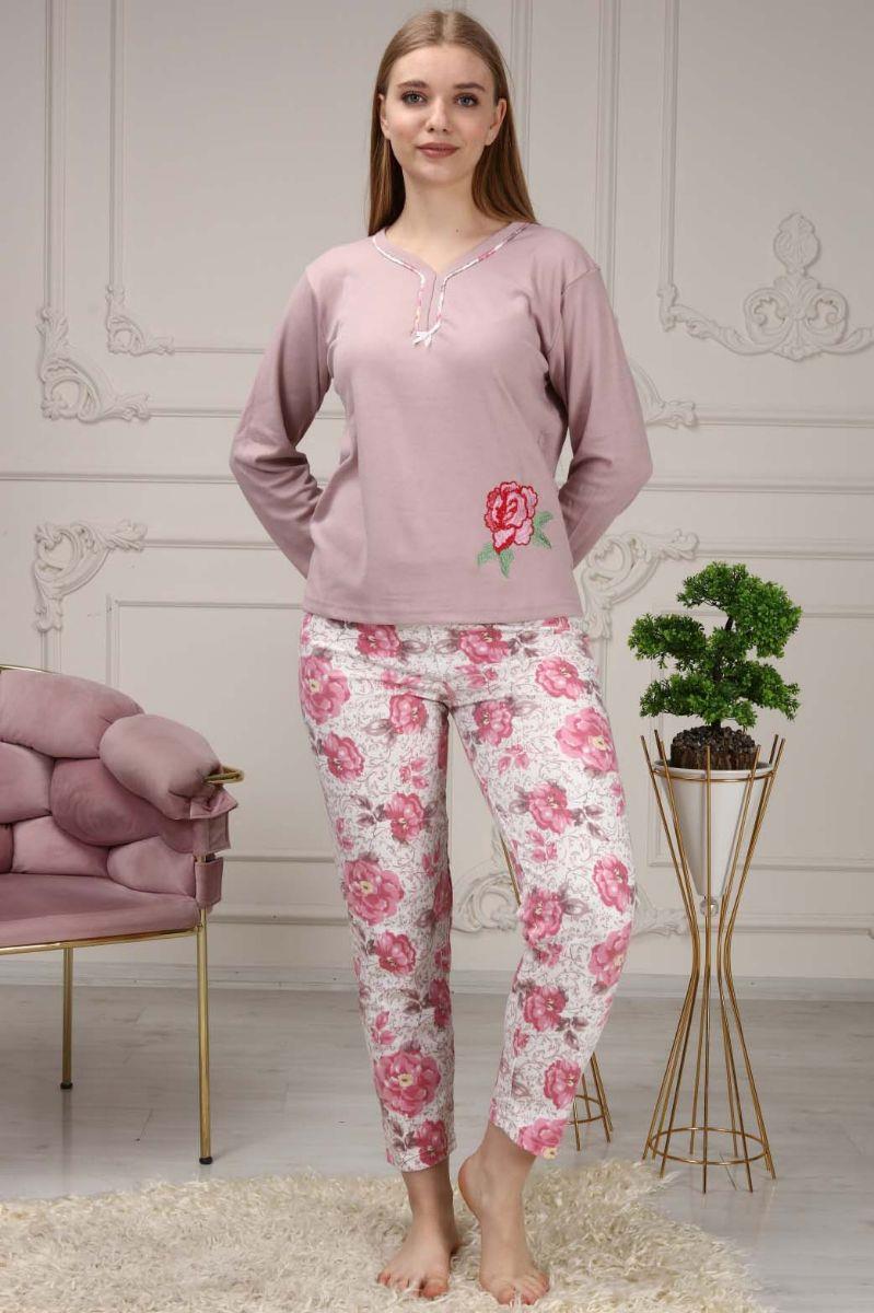 Kadın Gül Nakışlı V Yaka Pijama Takımı Gül Kurusu