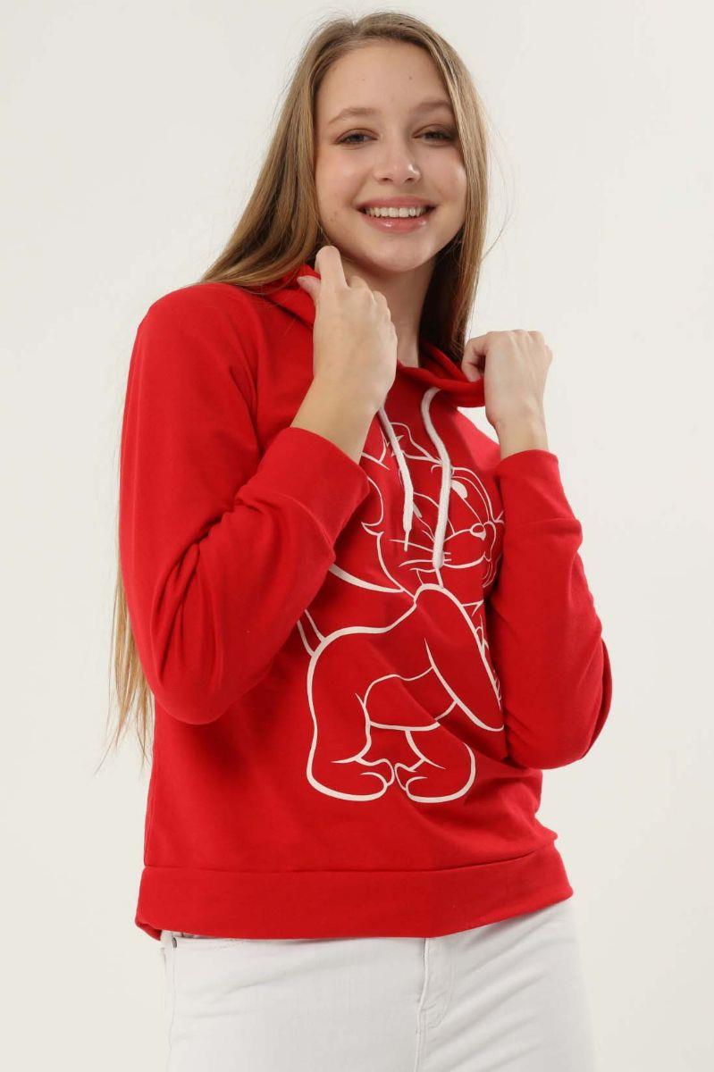 Kadın Jerry Baskılı Kapüşonlu Sweatshirt Kırmızı