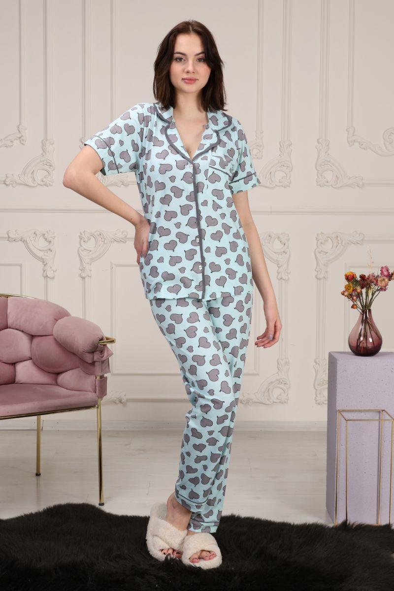 Kadın Kalp Baskılı Cepli Maskülen Yaka Pijama Takımı Turkuaz