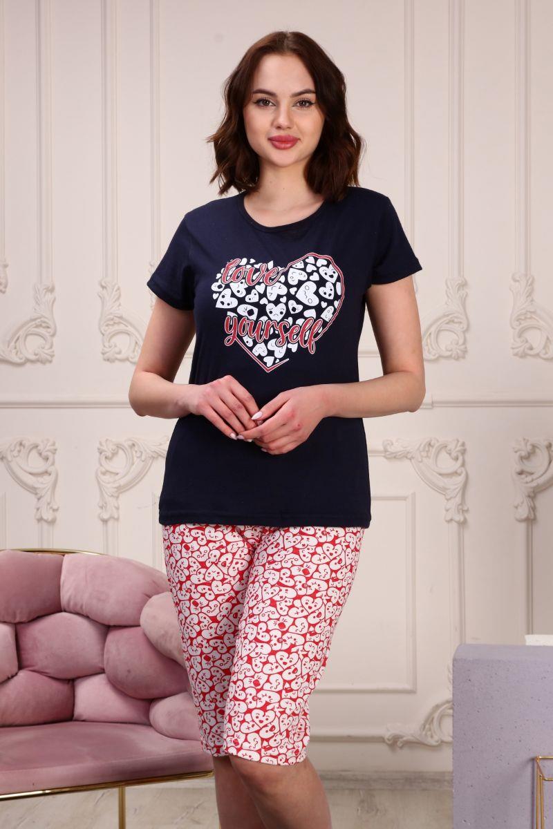 Kadın Kalp Baskılı Kapri Şortlu Pijama Takımı Siyah