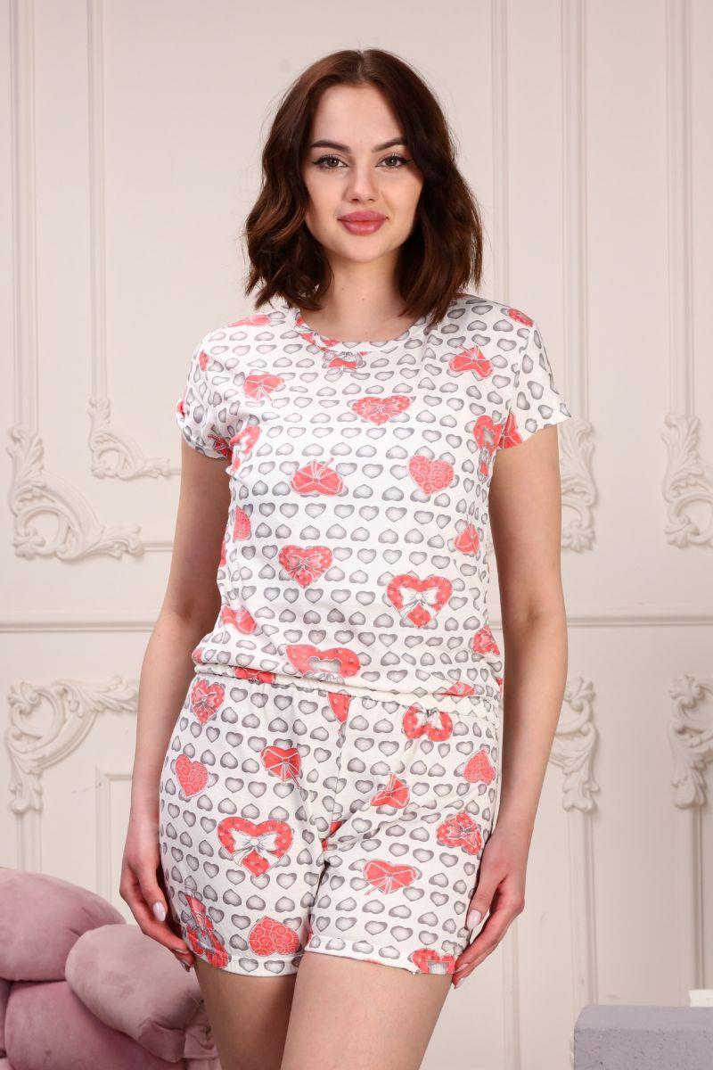 Kadın Kalp Baskılı Lastikli Kısa Şortlu Pijama Takımı Ekru