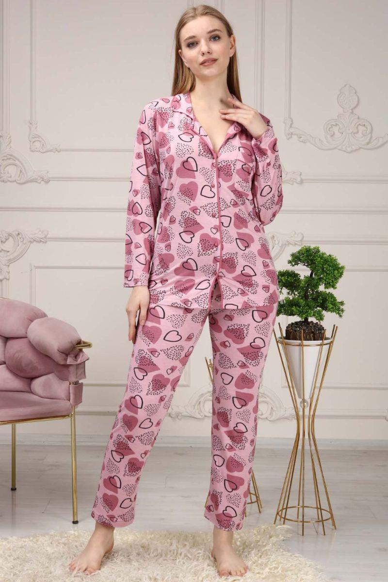 Kadın Kalp Baskılı Maskülen Yaka Pijama Takımı Gül Kurusu