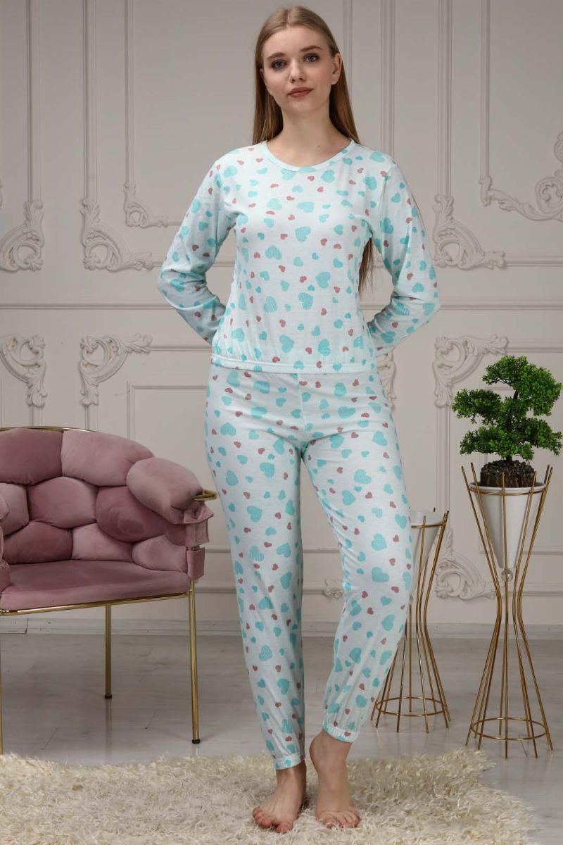 Kadın Kalp Baskılı Pamuklu Pijama Takımı Mavi