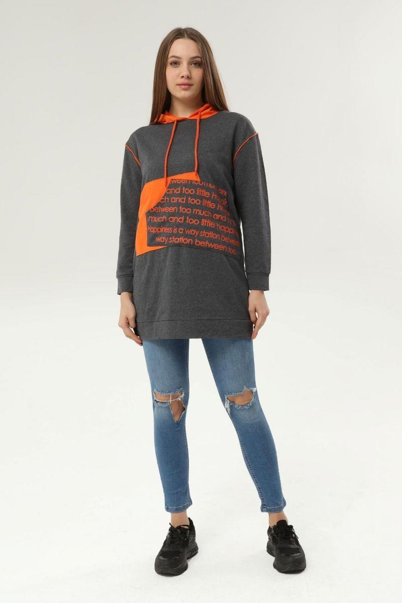 Kadın Kanguru Cepli Baskılı Kapüşonlu Sweatshirt Gri