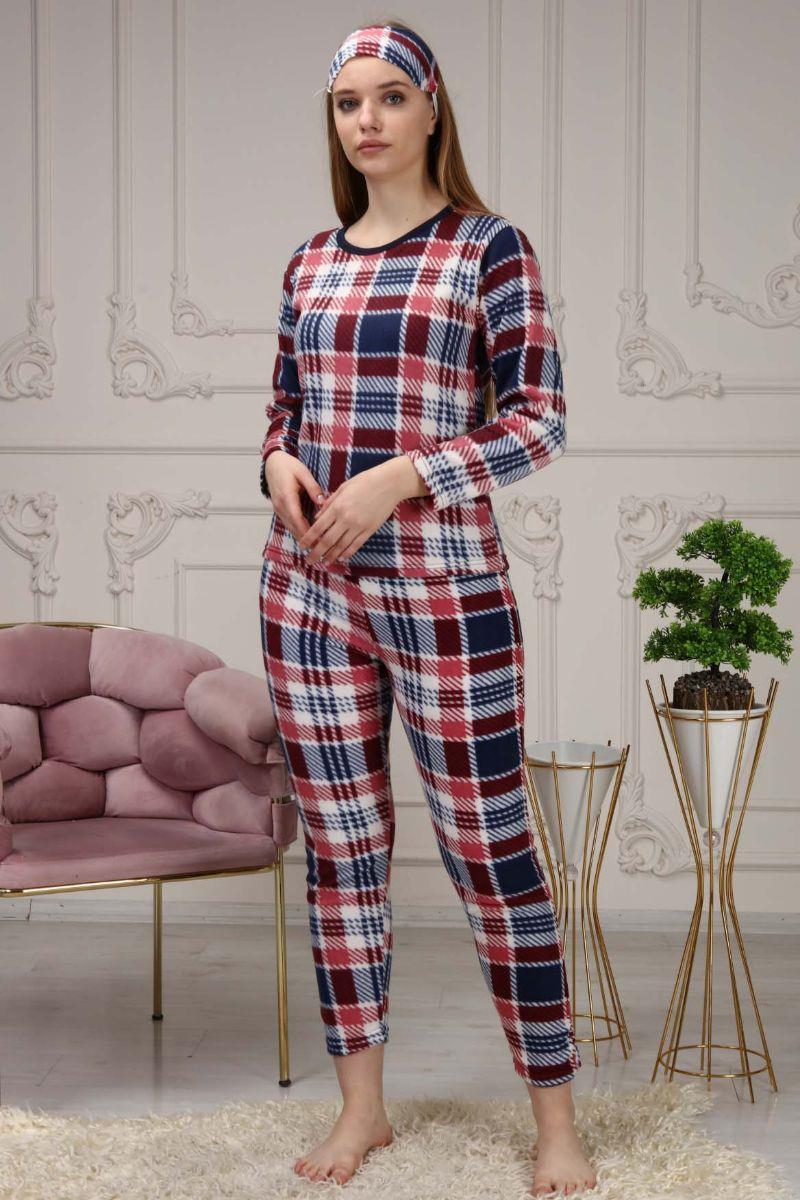 Kadın Kare Baskılı Polar Pijama Takımı Bordo
