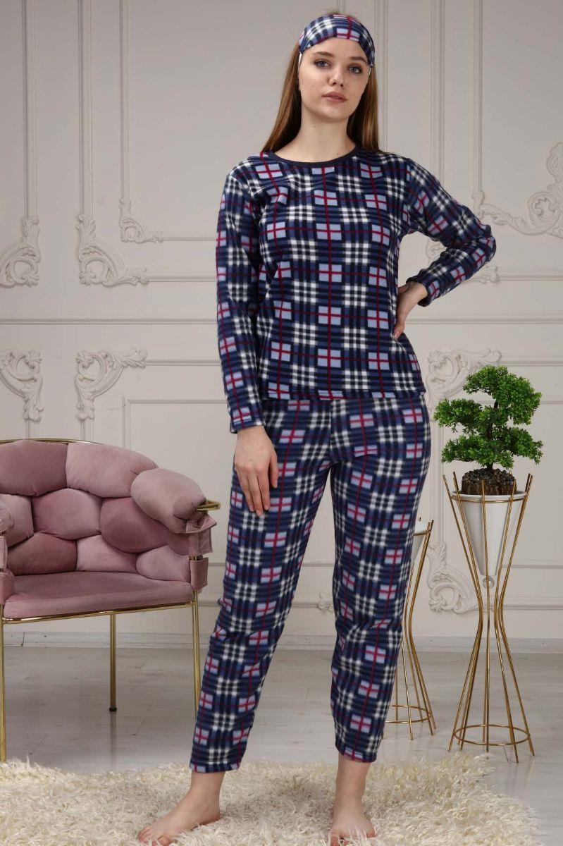 Kadın Kare Baskılı Polar Pijama Takımı Lacivert