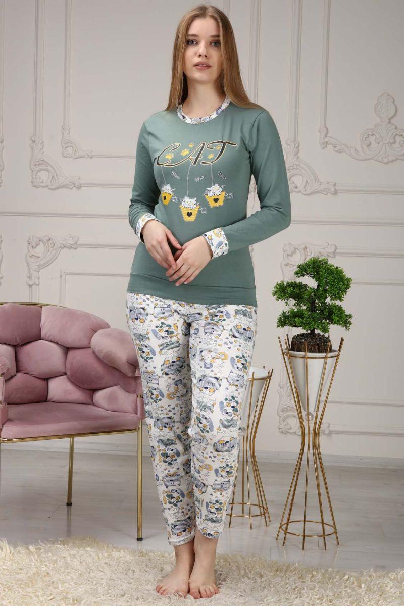 Kadın Kedi Baskılı Pijama Takımı Yeşil