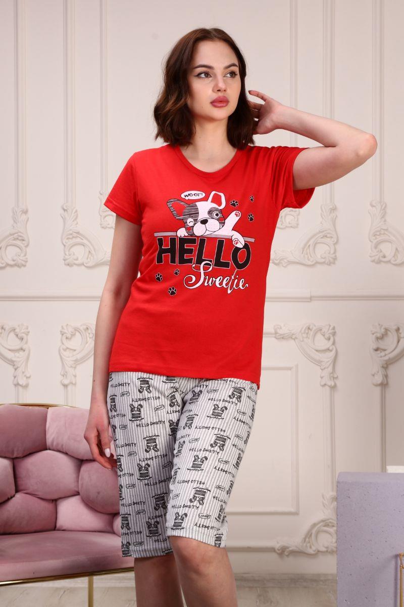 Kadın Köpek Baskılı Kapri Şortlu Pijama Takımı Kırmızı