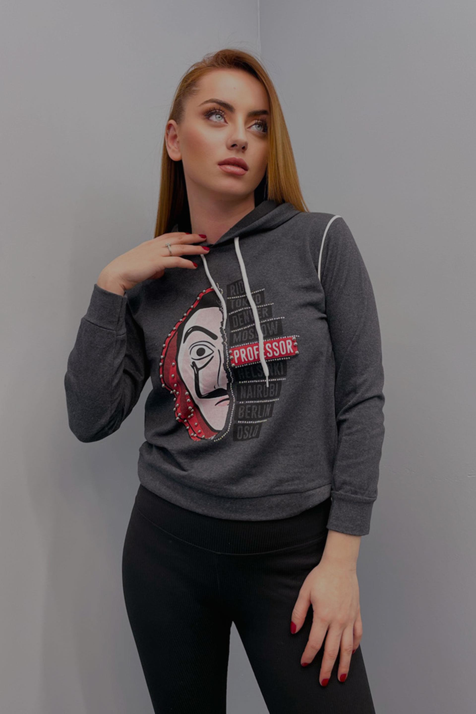 Kadın La Casa De Papel Baskılı Kapüşonlu Sweatshirt Antrasit
